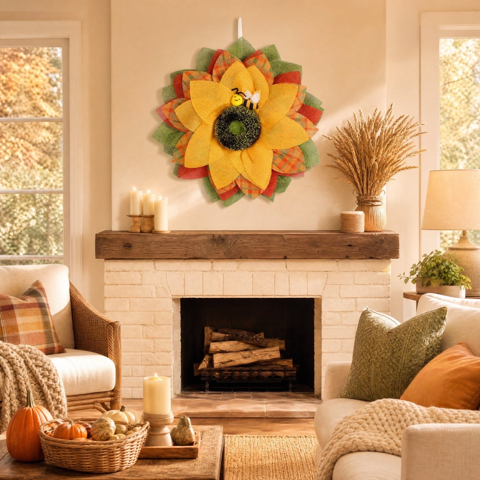 HOARBOEG Handmade Wrought Iron Maple Leaf Wreath, Thanksgiving Rudolph Fall Harvest Door Hanging, Orange Metal Autumn Wreath with Berries, Garden Wall Decor, 15.75 in