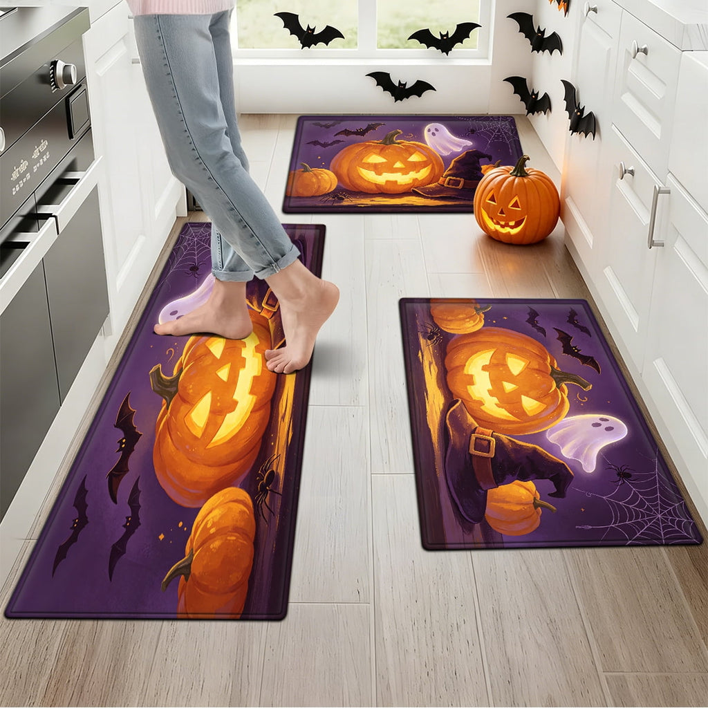 YIMEIS Halloween Pumpkin Lantern 3Pcs Flannel Mat & Kitchen Rugs Set,16''×24'' 20''×30'' 17''×47'' Inches,Soft Non-slip for Home Bathroom