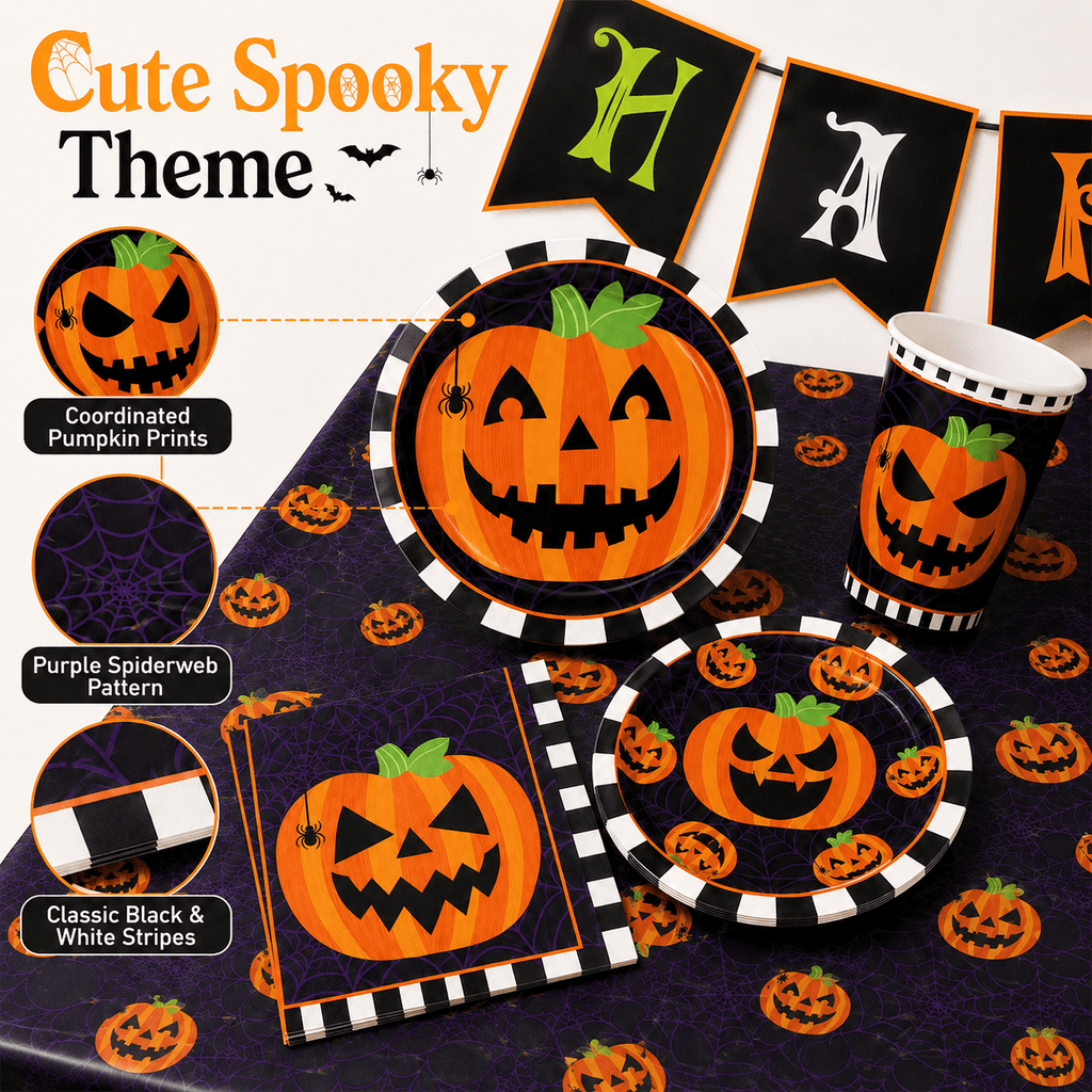 Halloween Paper Plates for Halloween Party Decoration Disposable Cups Napkins Table Cover for Halloween Banner Birthday Party Supplies Serve 20 Design 3