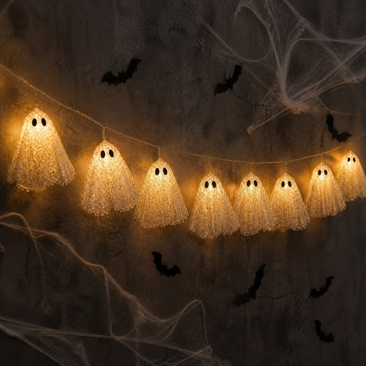 Halloween Light Up Ghost Garland, 6.56FT 10 Sequin Ghost Banner with Black Eyes, Spooky Hanging Decoration for Fireplace Party Yard Tree Indoor & Outdoor Decor