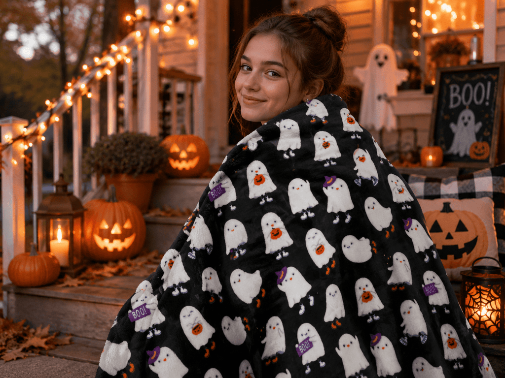 Serafina Home Halloween Throw Blanket: Fuzzy Boo! Jack O'Lantern Spider Webs Skull and Black Cats Print on Velvet Fleece for Sofa Bed Couch Chair Dorm