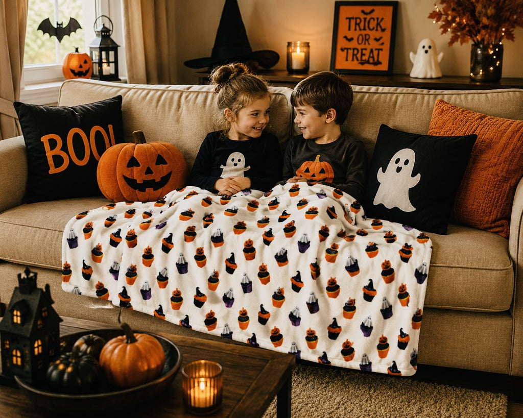 Serafina Home Halloween Throw Blanket: Fuzzy Boo! Jack O'Lantern Spider Webs Skull and Black Cats Print on Velvet Fleece for Sofa Bed Couch Chair Dorm