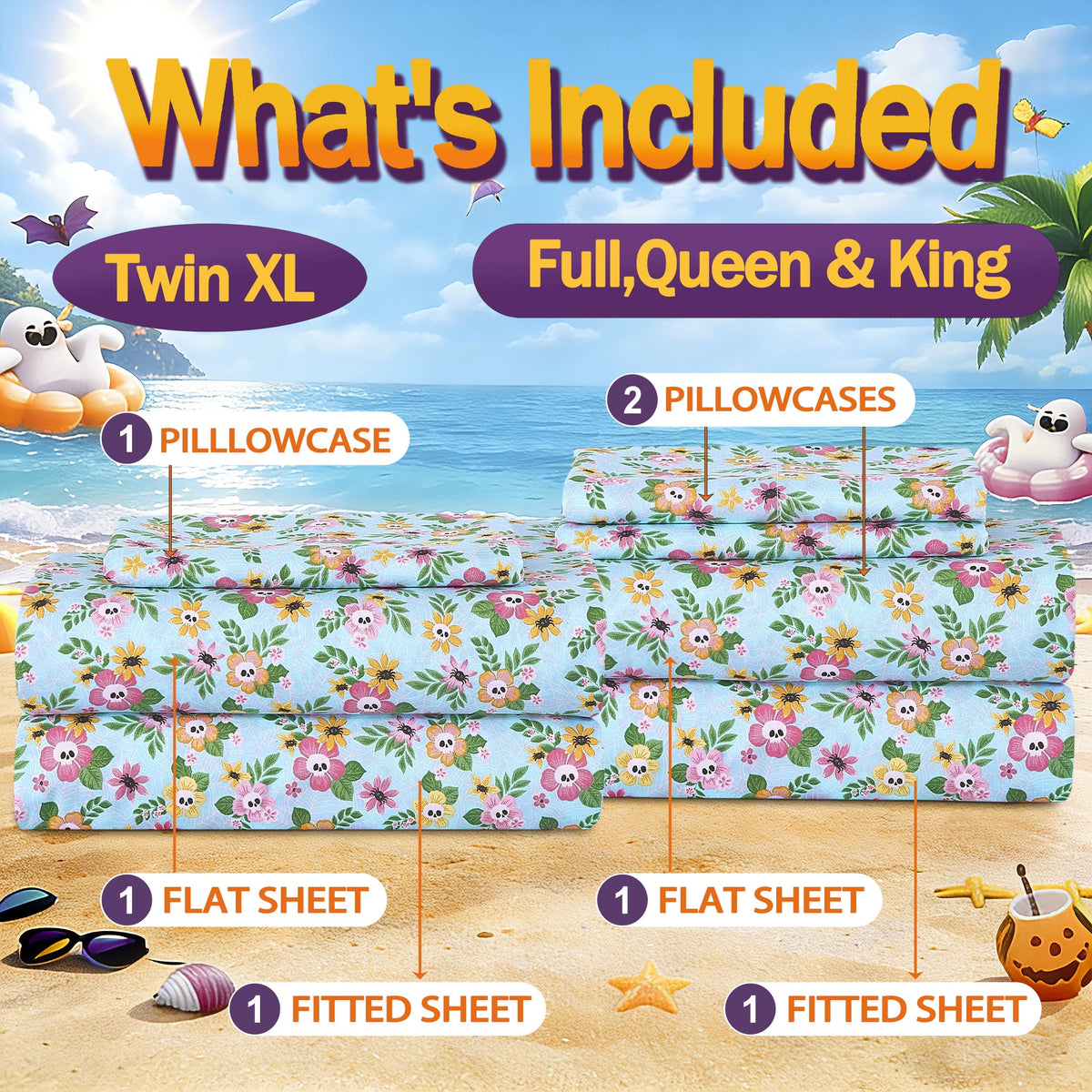 Summerween Crafted by Catherine Full 4-Piece Sheet Set, Black & White Nautical Ghosts