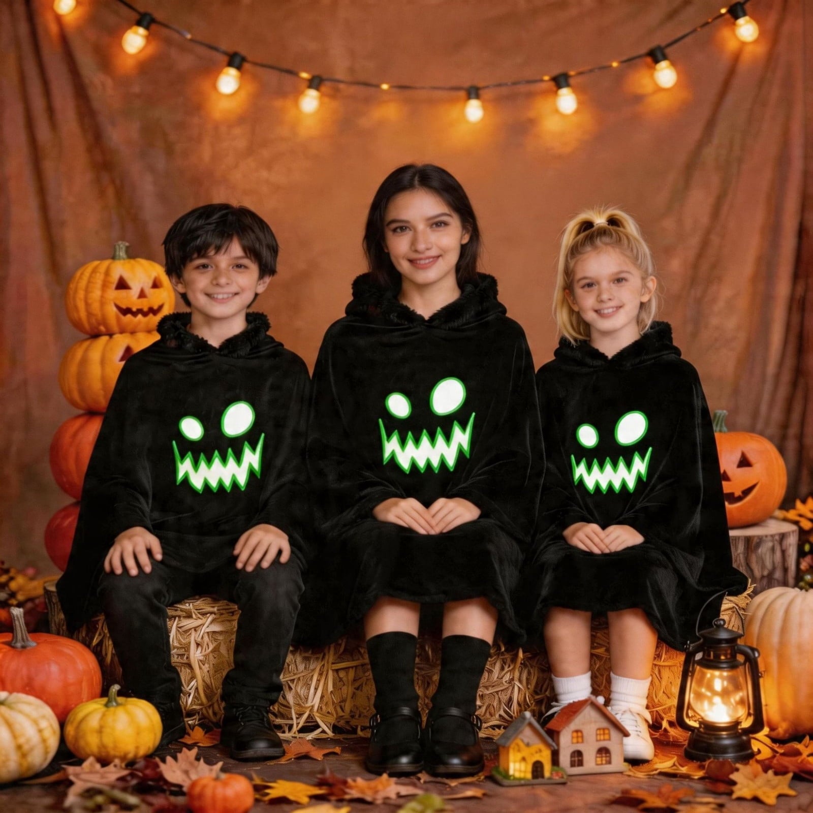 LIIPEE Kids Halloween Costumes Boys Girls Unisex Glow In The Dark Ghostface Graphic Cape Dress Up Clothes,4-6 Years