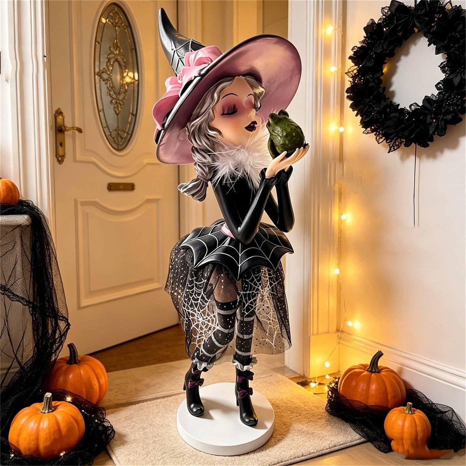 Halloween Decorations Clearance! Cute Kissing‑Face Witch Statue With Bow Hat & Mesh Skirt, Tabletop Ornament for Shelf Indoor Home Halloween Decor