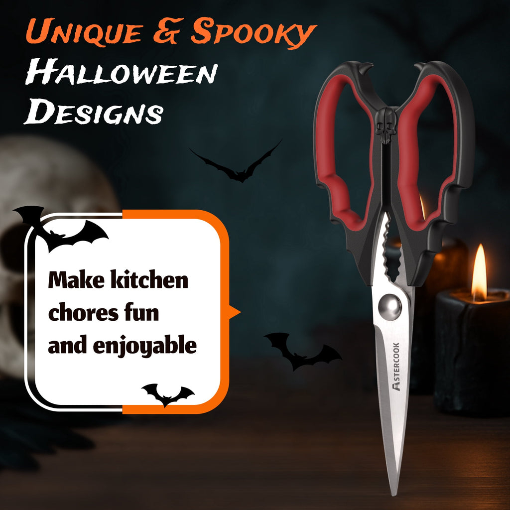 Astercook Halloween Kitchen Scissors, Gothic Skull Heavy Duty Shears for Cooking, Poultry, Herbs – Spooky Pumpkin Design, Dishwasher Safe, Perfect Gift for Halloween Party & Home Décor Red