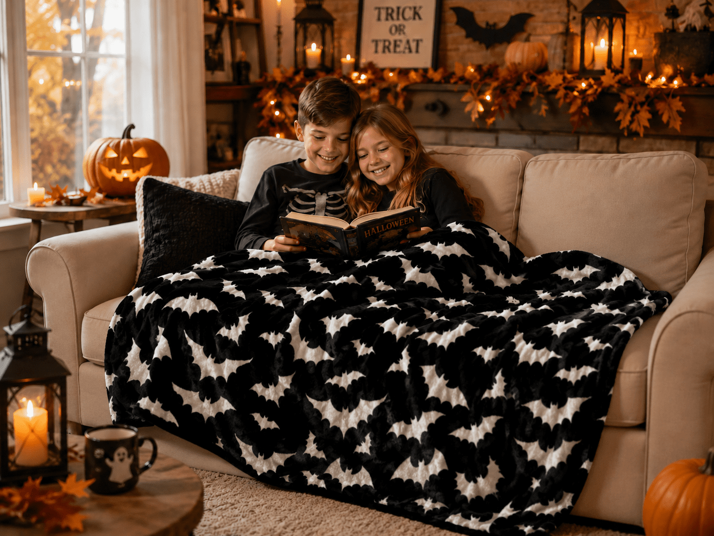 Serafina Home Halloween Throw Blanket: Fuzzy Boo! Jack O'Lantern Spider Webs Skull and Black Cats Print on Velvet Fleece for Sofa Bed Couch Chair Dorm