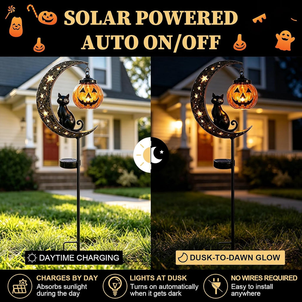 Solar Halloween Black Cat & Pumpkin Moon Garden Stake Light | Waterproof Metal Black Cat Yard Ornament, Auto On Off Solar Outdoor Light, Fall Halloween Decor Stake for Lawn Patio Pathway