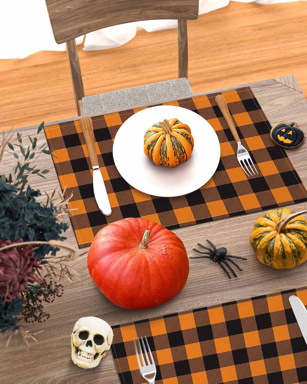 Halloween Placemats Set of 4 Orange and Black Check Plaid Place Mats Fall Placemat Checkered Table Mats for Dining Kitchen Table Holiday Dinner Party Home Decorations 13x19 Inch