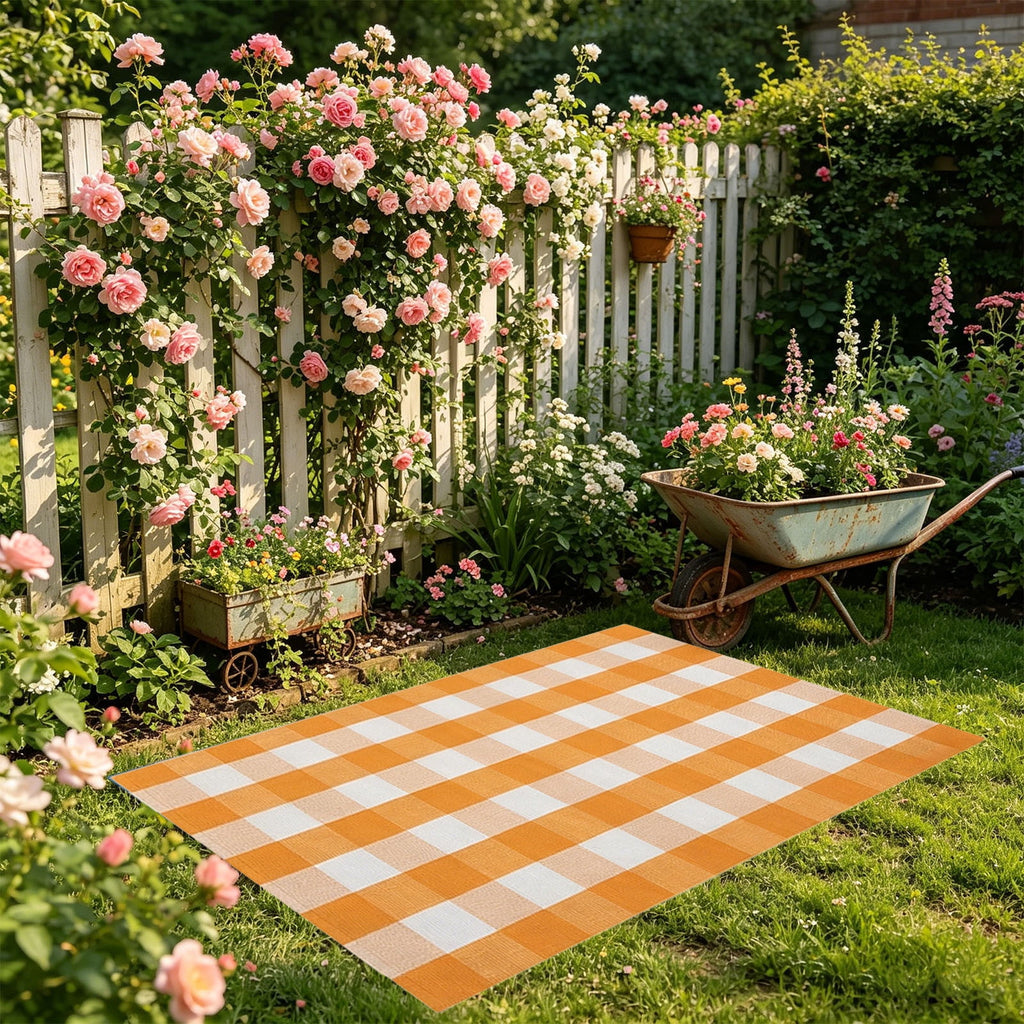 Orange Plaid Fall Outdoor Mat, Hand-Woven Porch Rug for Thanksgiving Halloween Door Decor