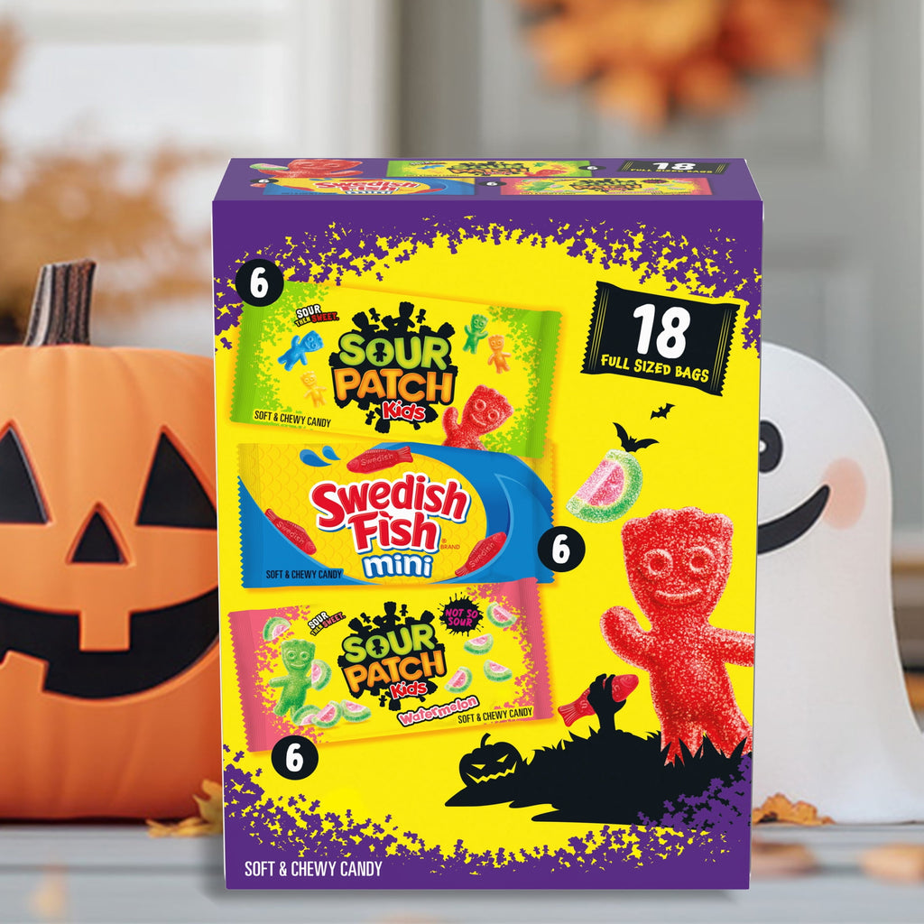 SOUR PATCH KIDS and SWEDISH FISH Mini Soft & Chewy Halloween Candy Variety Pack, 18 Snack Packs