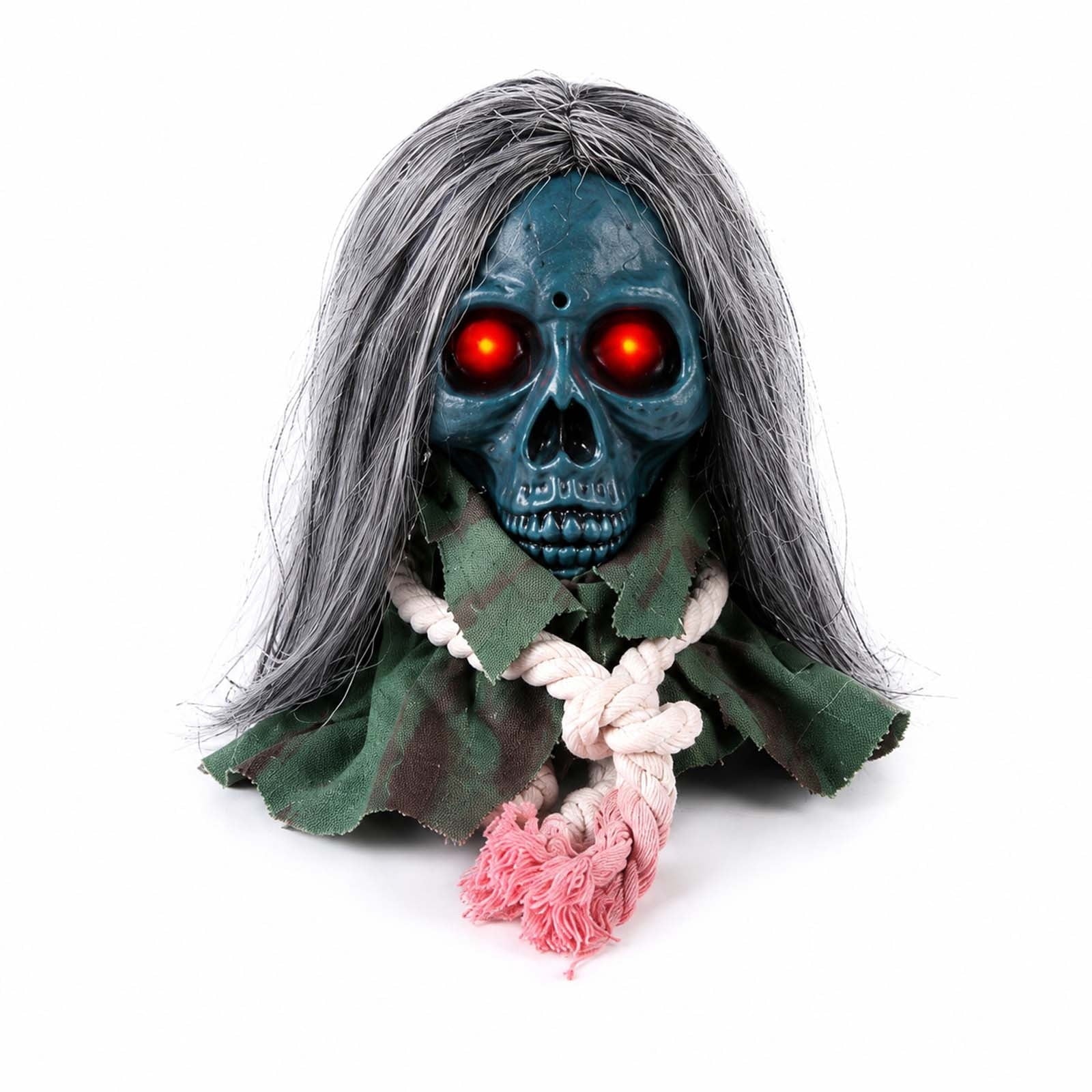 Moving Long Hair Hanging Skull Head Prop, Creepy Animated Halloween Skeleton Decor, Spooky Ornament for House, Party, Indoor Outdoor (Batteries Not Included)