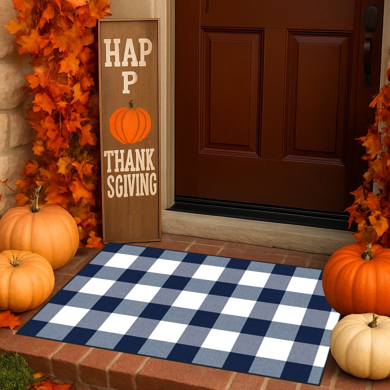Halloween Fall Outdoor Rug Plaid Rug Foldable Floor Mat for Thanksgiving Front Door Front Porch Farmhouse Entryway Patio Decoration