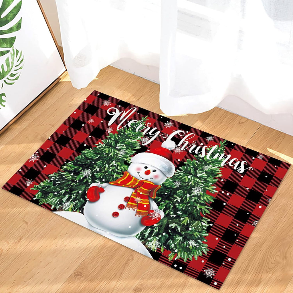 Christmas Snowman Trees Entrance Door Mat, Red Plaid Low Profile Tradition Christmas Decor Welcome Doormat, Non-Slip Carpet Rugs Floor Mat Decorative for Home/Bathroom/Kitchen - 20"x31.5"