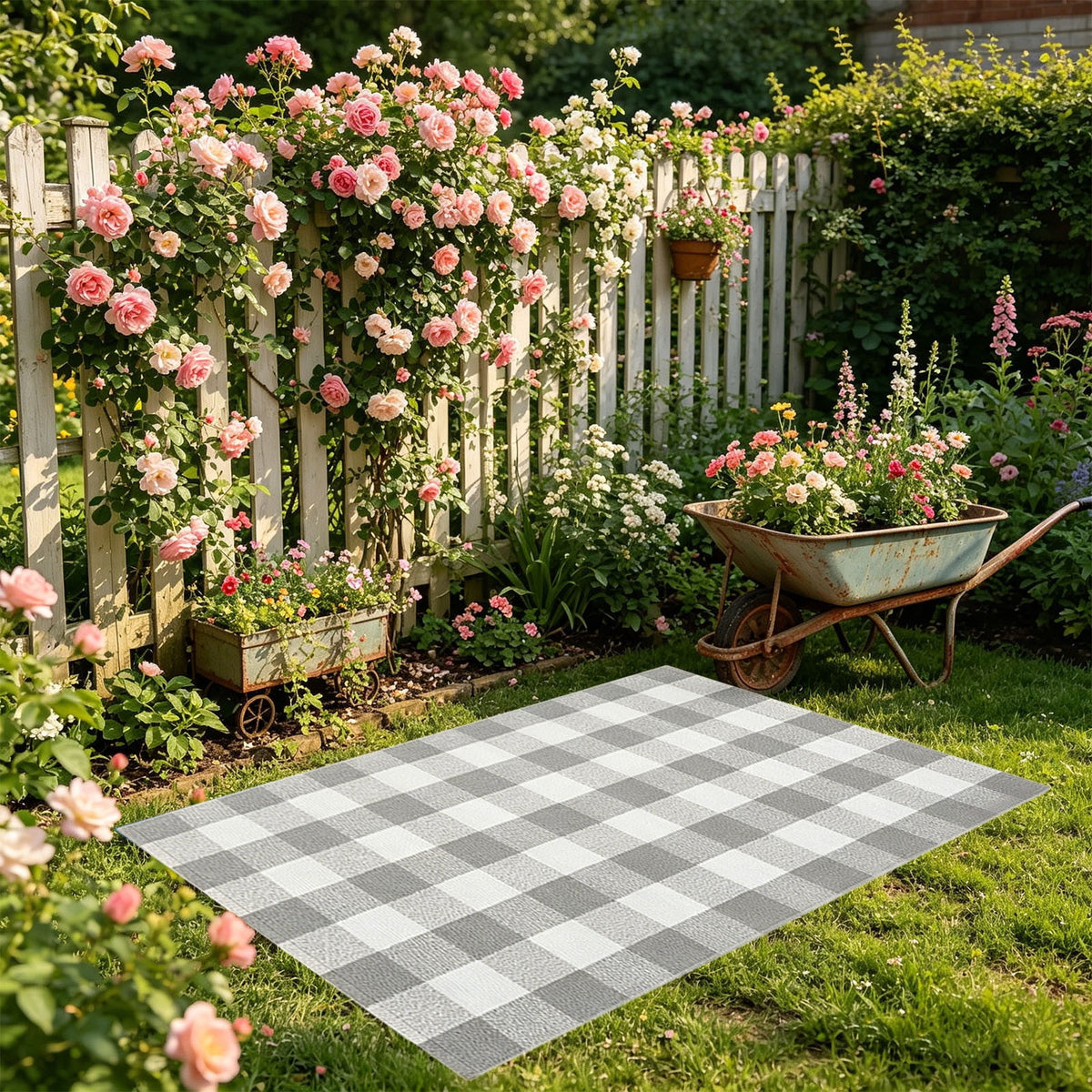 Orange Plaid Fall Outdoor Mat, Hand-Woven Porch Rug for Thanksgiving Halloween Door Decor