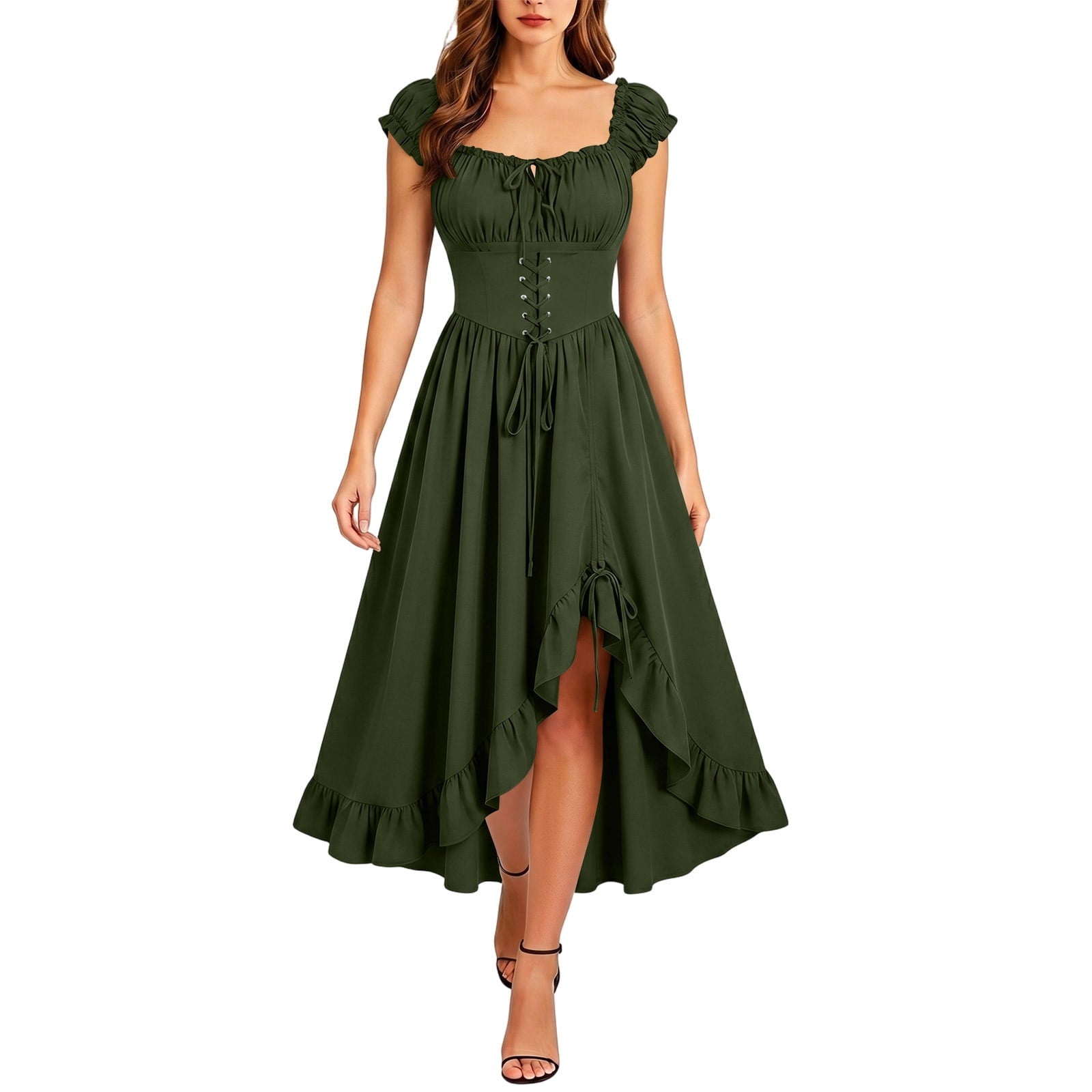 Gothic Dresses for Women Medieval Renaissance Halloween Costume Lace Up Corset High Low Ruffle Hem Square Neck Vintage Gown