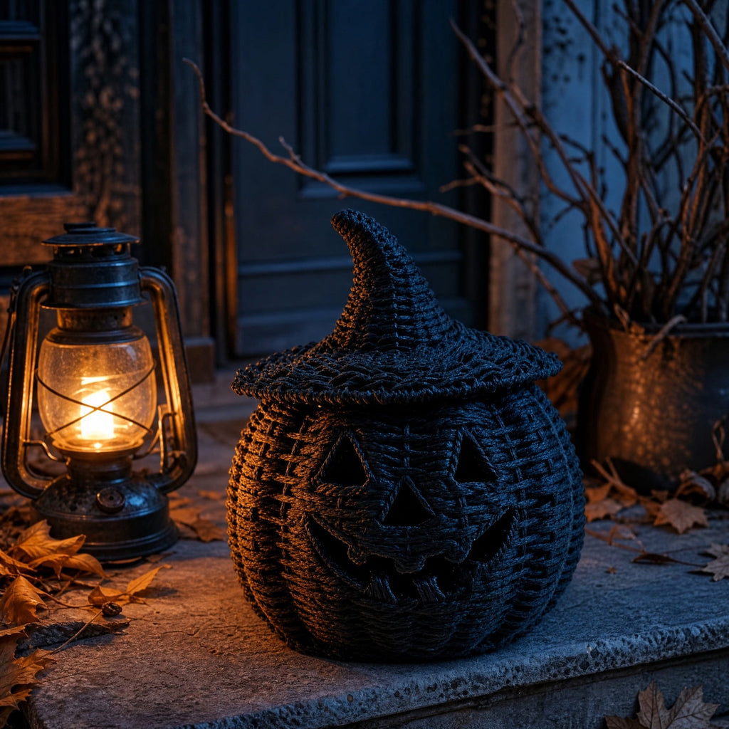 Halloween Woven Seagrass Pumpkin For Spooky Halloween Candy Storage And Home Decor, Black Handcrafted Witch Hat Woven Seagrass Pumpkin For Festive Parties, Premium Decorative Woven Seagrass Pumpkin