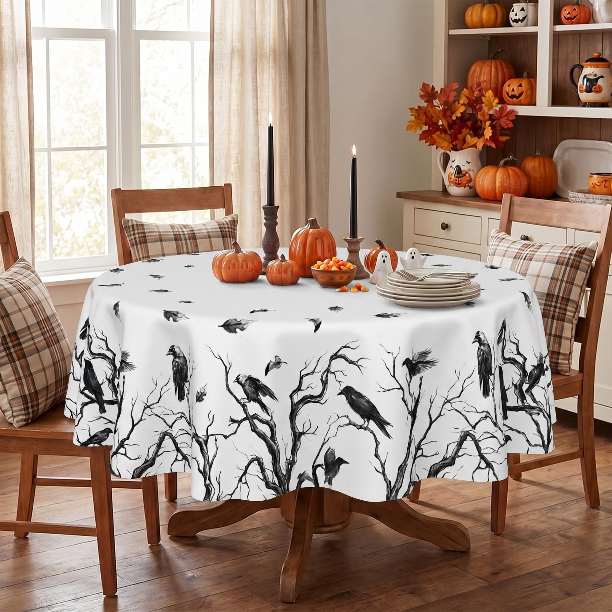 Sm:)e Crow Haunted Tree Halloween Tablecloth 60x84 Inch, Machine Washable Table Cover for Dinner/Party Decoration/Holiday
