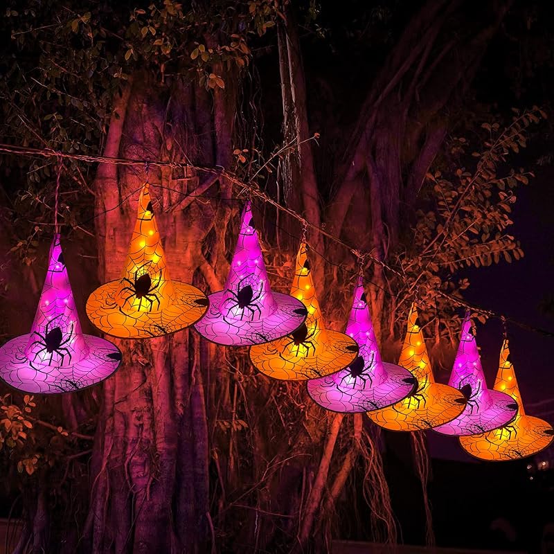Halloween Decorations 8 Pcs Lighted Hanging Witch Hats, Remote Control with 8 Modes Light Up 14 FT Halloween String Lights, for Indoor Outdoor Yard, Lawn, Graveyard Scenes Party