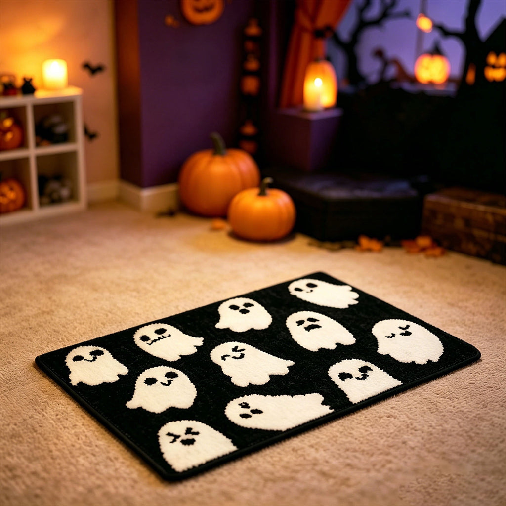 Halloween Heart Print Doormat 60x40cm, Black Orange Spooky Entry Mat for Front Door, Non-Slip Indoor Outdoor Rug