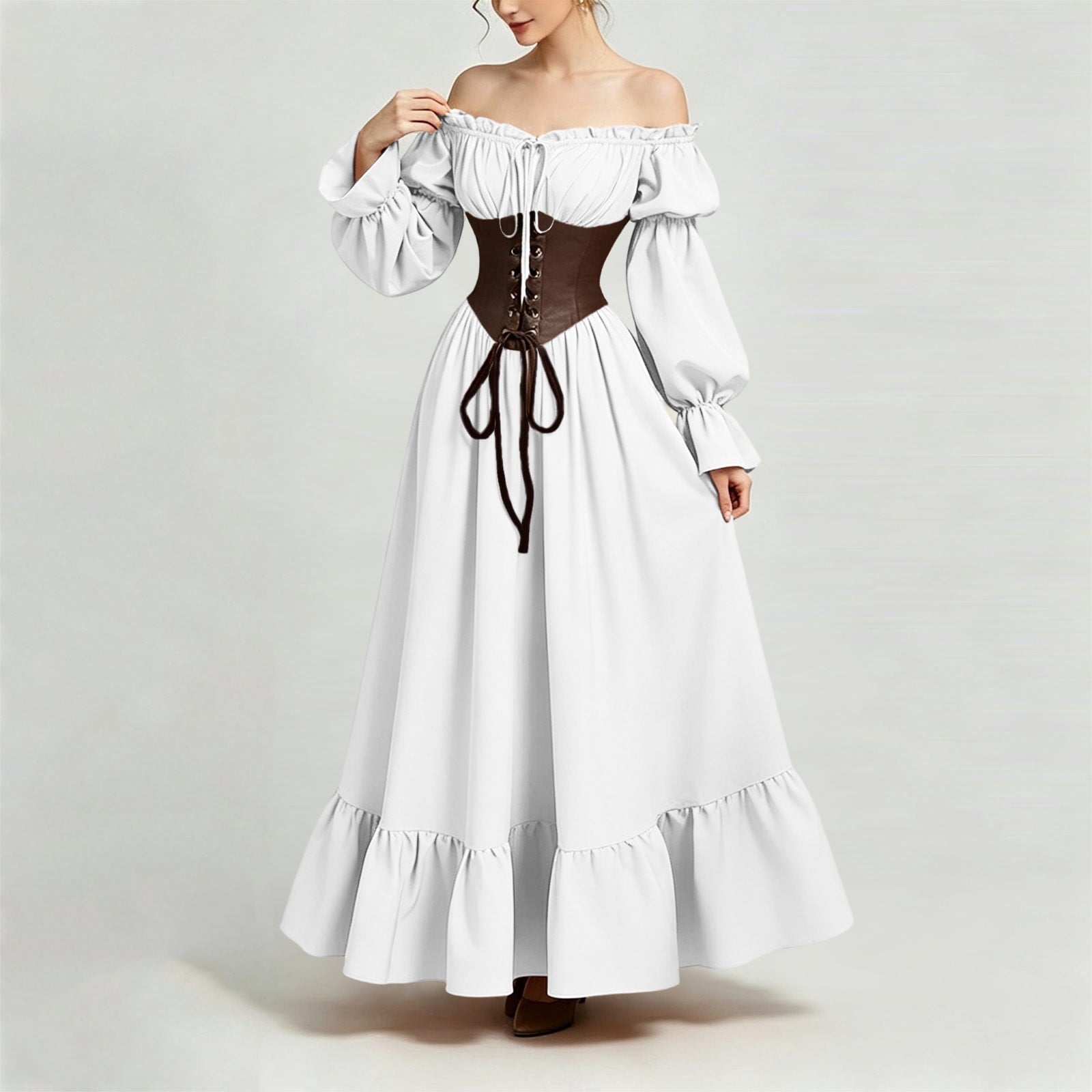 QATAINLAV Renaissance Costume Women Vintage Medieval Dress Cold Shoulder Short Sleeve Peasant Pirate Irish Maxi Dresses, Black, L