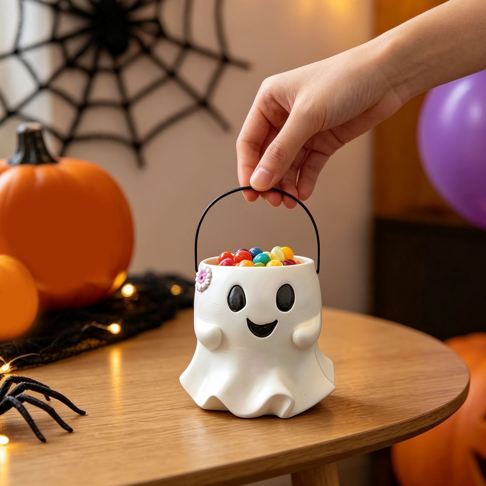 Diceymbol Halloween Pumpkin Snack Bowl Stand Collapsible Broomstick Candy Tray for Cupcakes & Desserts, Resin Serving Platter with Ceramic Pumpkin Bowls