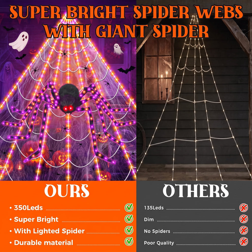 Leyaron Halloween Decorations Outdoor, 350 LED Halloween Spider Web String Lights with 79" Lighted Spider for Outdoor Garden Party Yard Porch Home Decor