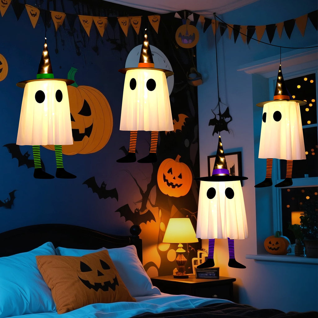 Qoosea 3 Pack Halloween LED Lights Witch Hat Ghost Hangers, Purple/Green/Orange, 3 Lighting Modes, Waterproof Battery Case, Halloween Decorations
