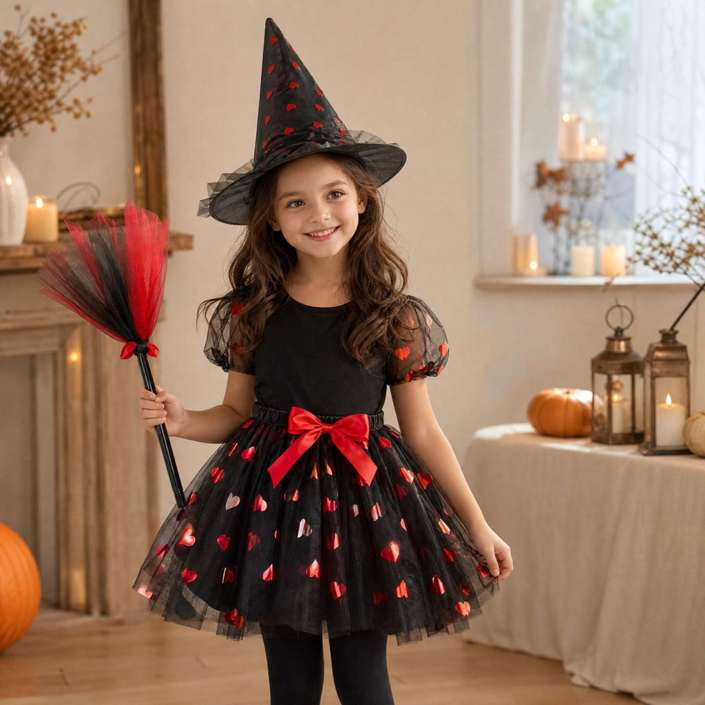 choiix Witch Tutu Skirt and Hat Set with Broomstick Halloween Costume Outfit with Printed Tulle Skirt and Witch Hat Cosplay Outfit for Party 100