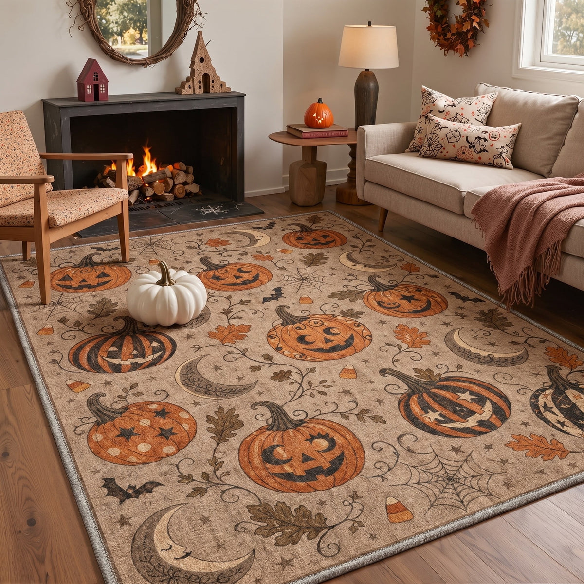 GENIMO 5'x7' Halloween Area Rug for Living Room, Washable Non Slip Soft Farmhouse Pumpkin Indoor Rug for Bedroom Dining Room Home Office, Vintage Sepia