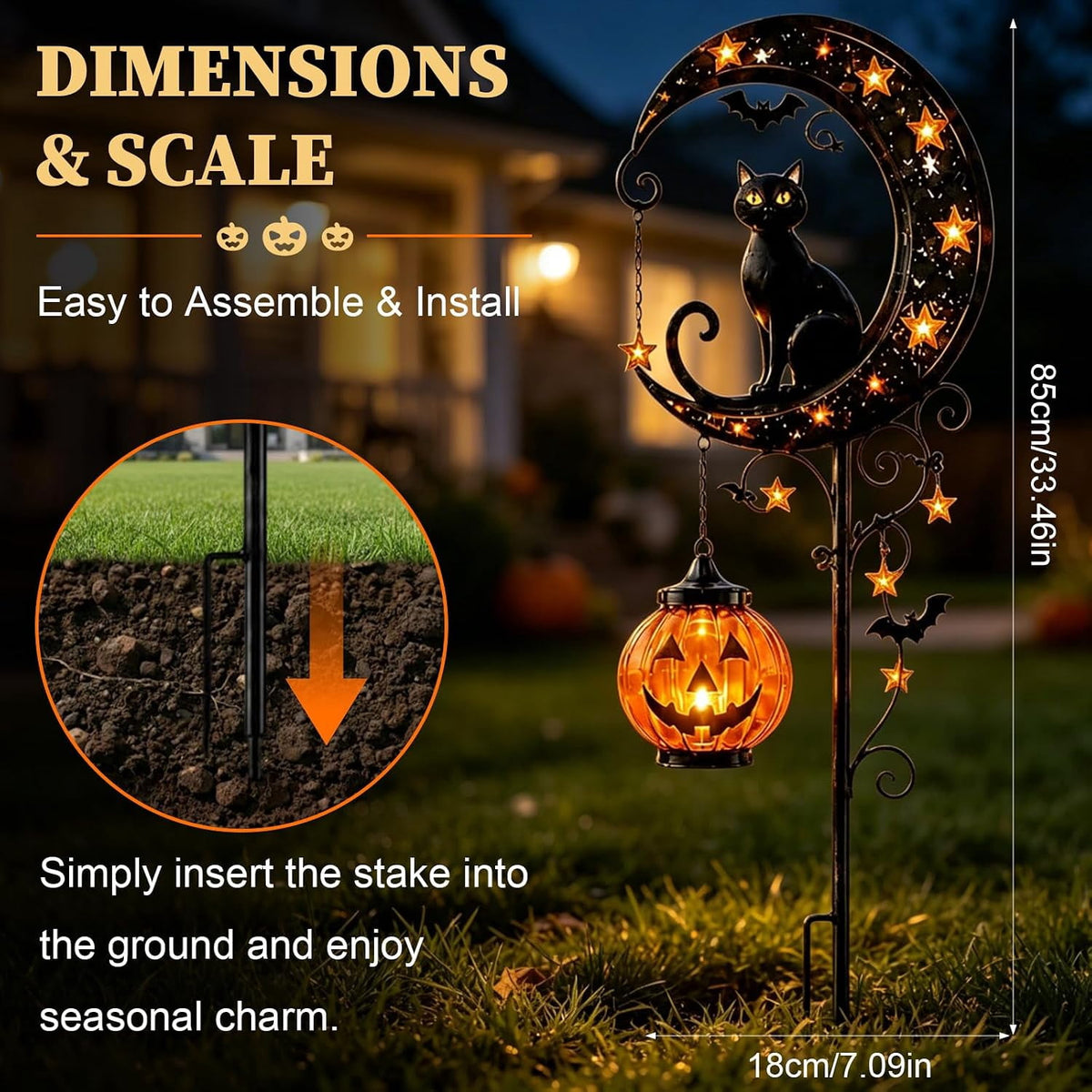 Solar Halloween Black Cat & Pumpkin Moon Garden Stake Light | Waterproof Metal Black Cat Yard Ornament, Auto On Off Solar Outdoor Light, Fall Halloween Decor Stake for Lawn Patio Pathway