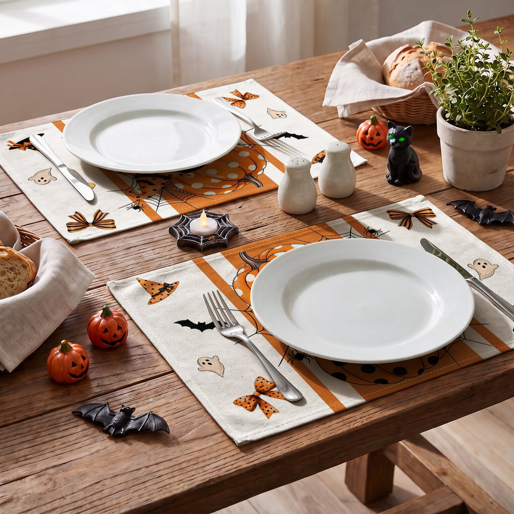 Smile Jack-O'-Lantern Spider Web Halloween Table Placemats Set of 4 Round 15 Inch Black