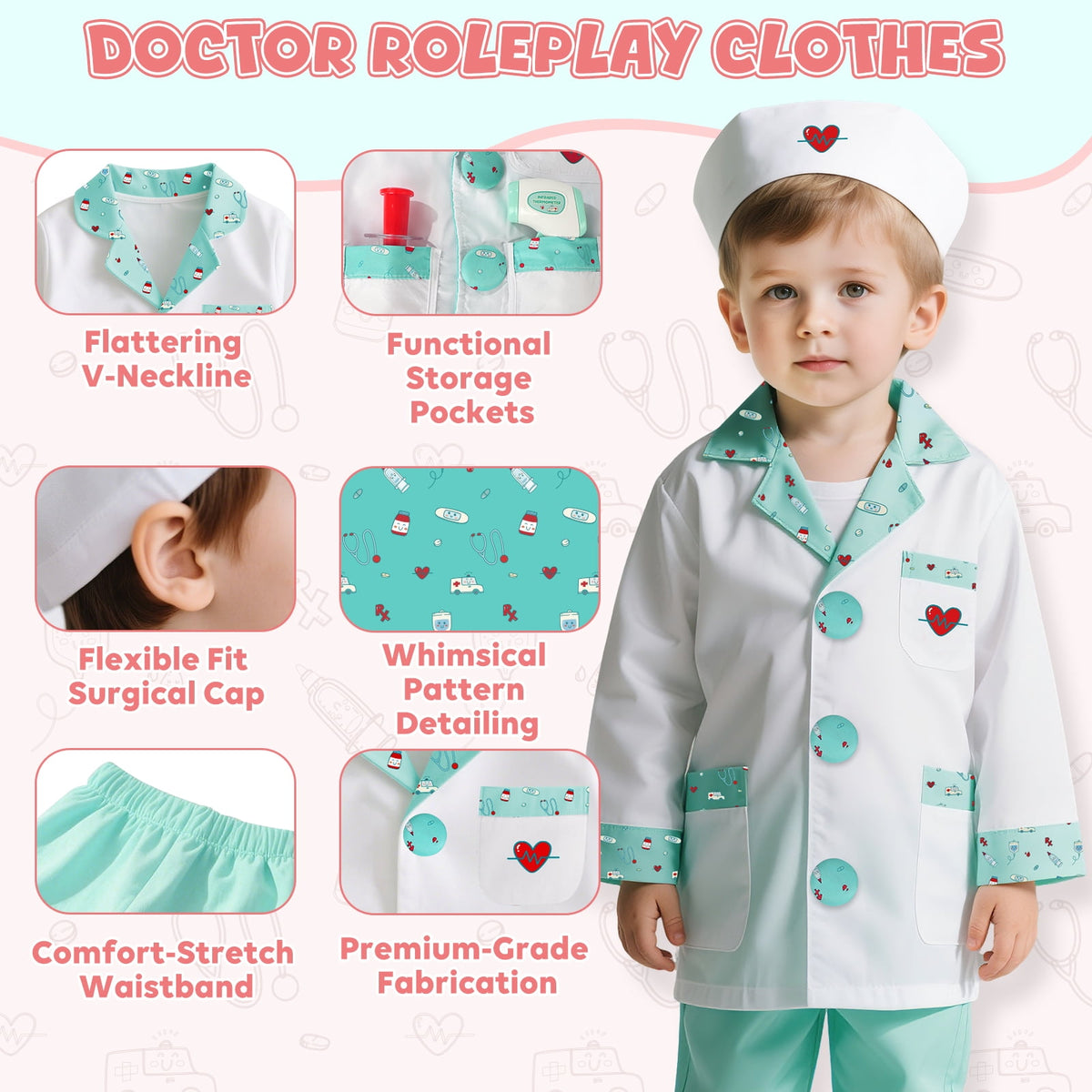 Doctor Costume Set for Kids, Pretend Play Doctor Dress up Clothes with Medical Accessories, Kids Doctor Costume Set Toy for Age 3 4 5 6 Boys Girls - Pink(110cm*3.6in)