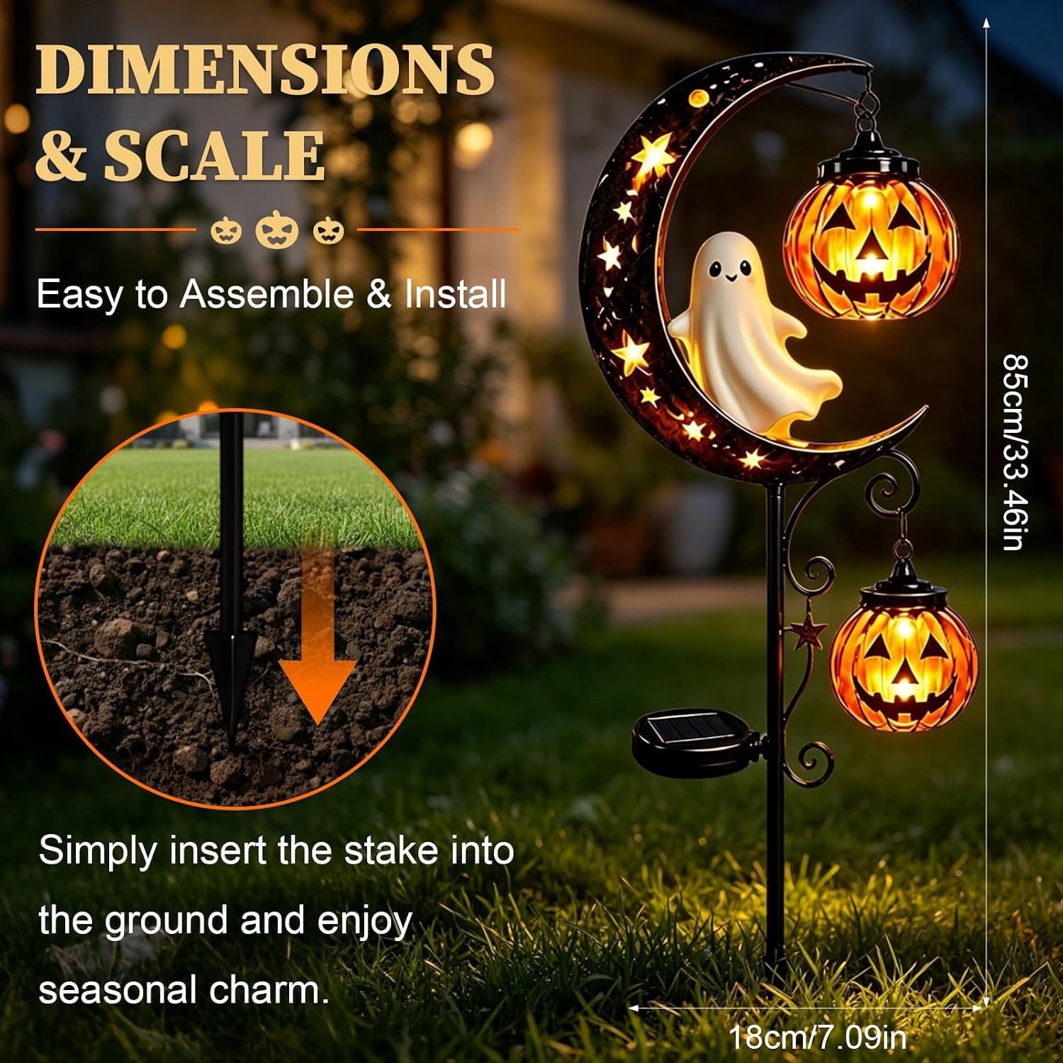 Solar Halloween Black Cat & Pumpkin Moon Garden Stake Light | Waterproof Metal Black Cat Yard Ornament, Auto On Off Solar Outdoor Light, Fall Halloween Decor Stake for Lawn Patio Pathway