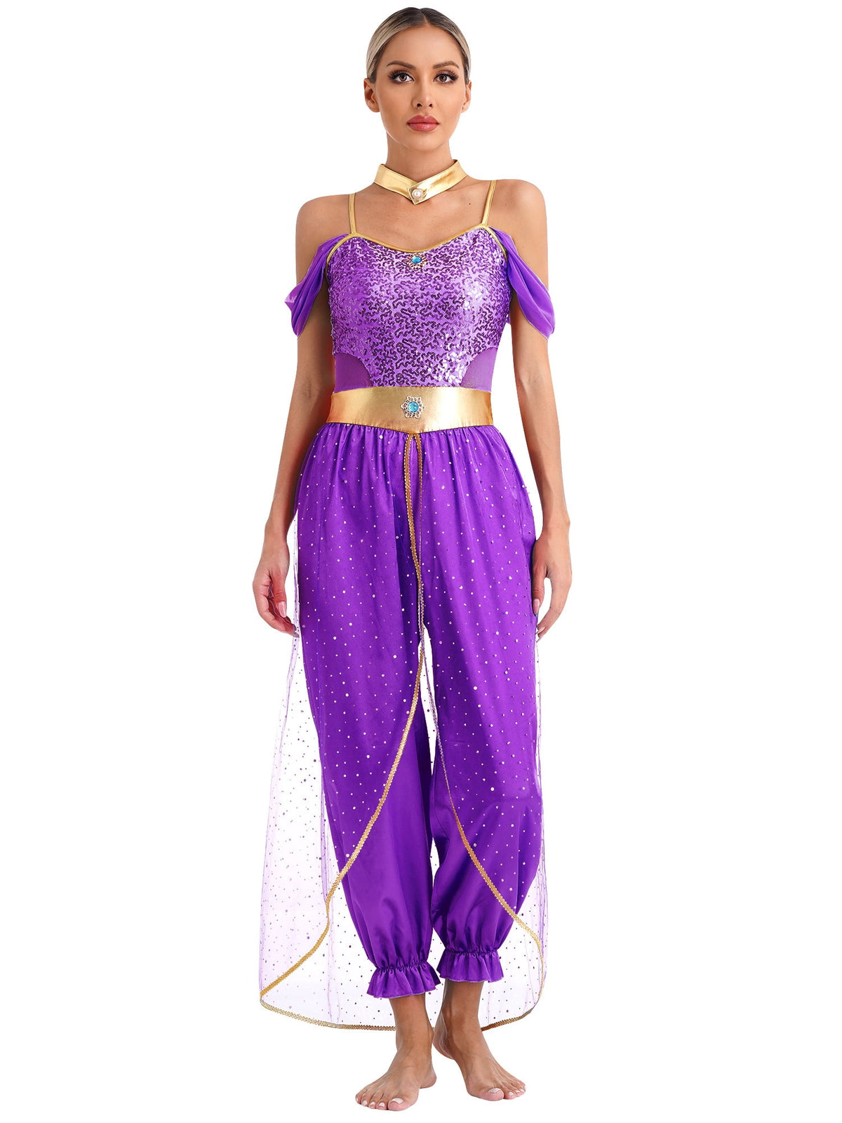 YiZYiF Women's Arabian Princess Dance Costume Halloween Party Fancy Dress Shiny Belly Dance Jumpsuit Turquoise B M