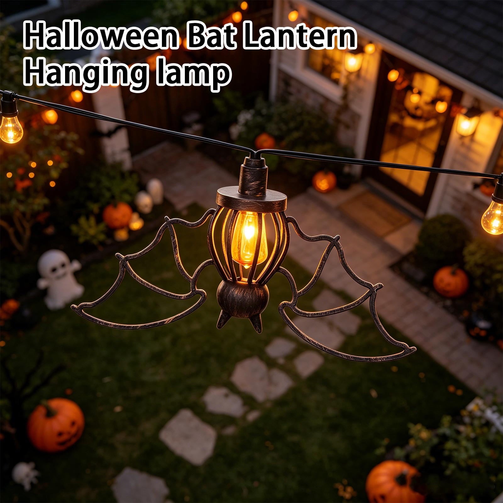 2026 New Halloween Hanging Bat Flame Lights, Vintage Metal Frame Lantern with Warm Amber Edison Bulb, Indoor Outdoor String Light Decor for Porch Patio Room