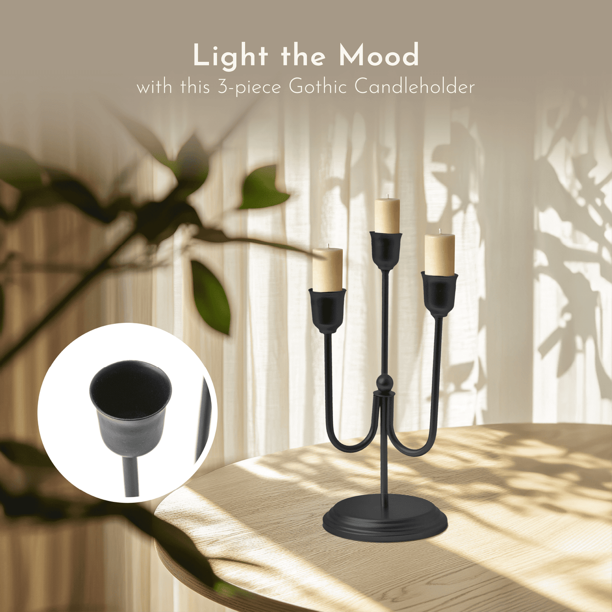 Home Decor Collection 3-Arm Black Metal Taper Candle Holder – Elegant Gothic Decor for Halloween, Mantel, Kitchen Table, Wedding, or Party, 9"