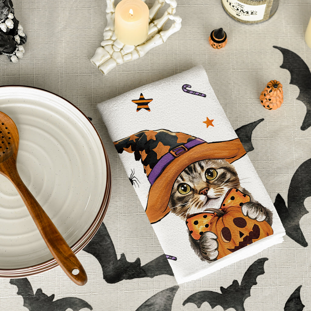 Sm:)e Spider Web Jack-O'-Lantern Pumpkin Cat Happy Halloween Kitchen Towels Dish Towels 18x26 Inch Set of 2