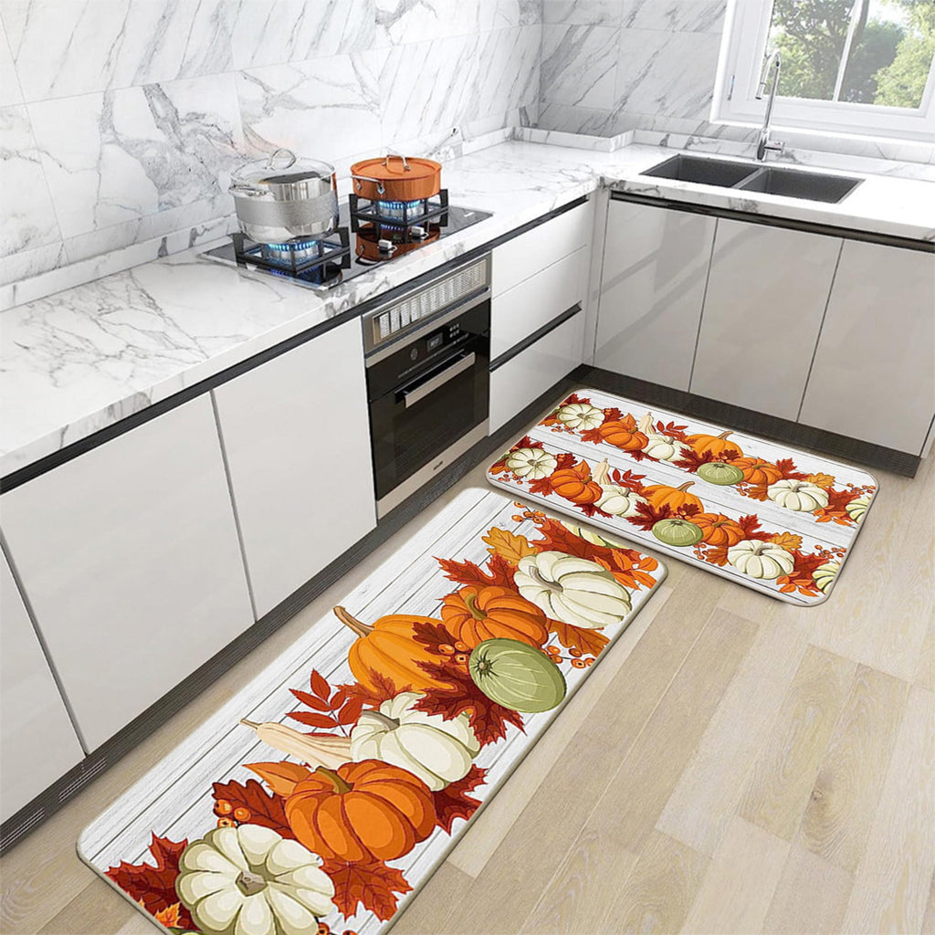 Decorative Kitchen Floor Mats Set of Two, Fall Theme Pumpkin Turkey Pattern Kitchen Rugs and Mats for Outdoor Indoor Kitchen Decor Halloween Thanksgiving Non-Slip Doormat