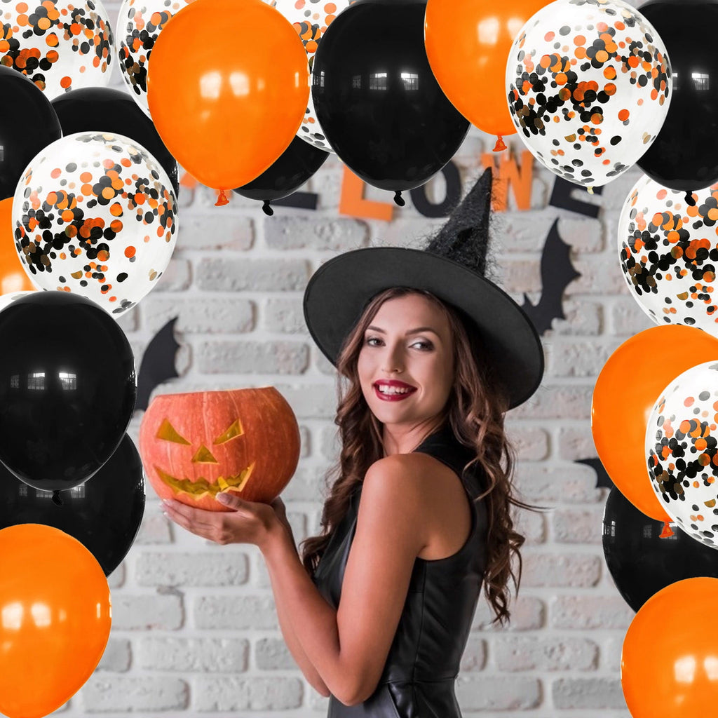 Uutvmp 80PCS Orange, Black, White Foil Confetti Balloons,12 inch Latex Balloon Inside for Halloween Party Decorations, Ghost Festival Party Scene Layout