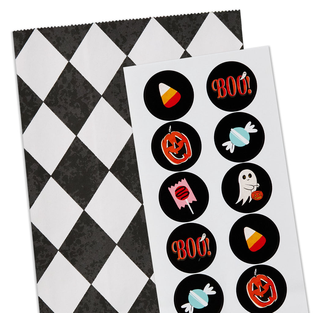Hallmark Halloween Goodie Bags With Stickers (Black Checkered), 12 Count