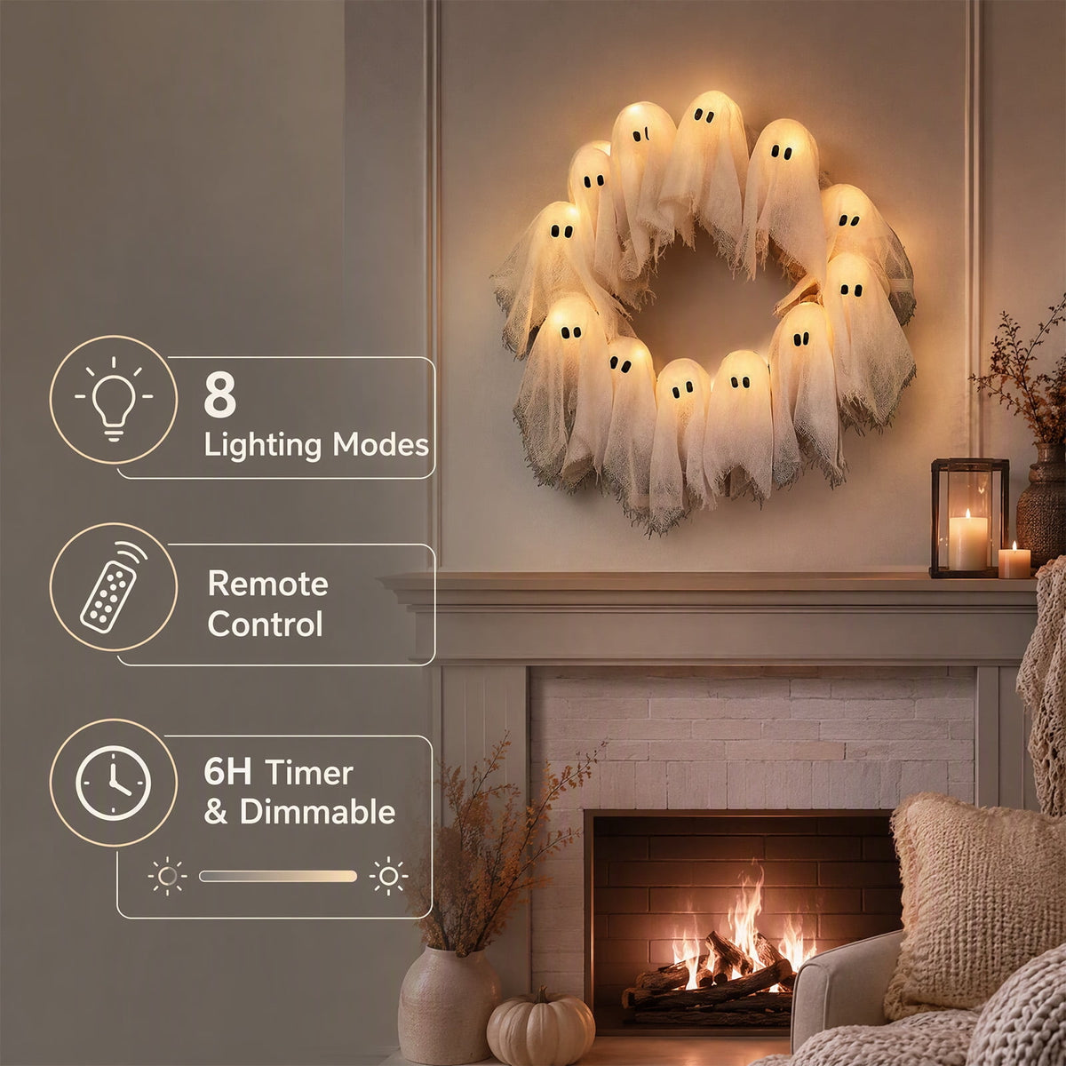 Halloween Glowing Ghost Wreath, Light-up Spooky Wreath with 12 Ghost Decor, RC, 6H Timer, Ideal for Halloween Party (A 12x3inch)