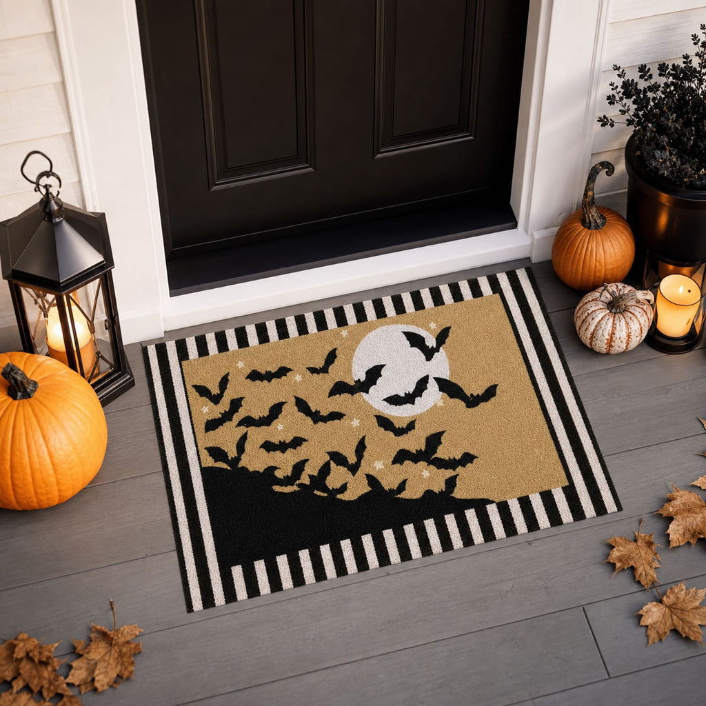 Dpityserensio Halloween Doormat Black Bat and Moon with Striped Border Non-Slip Washable Indoor Outdoor Rug, Vintage Fall Decor