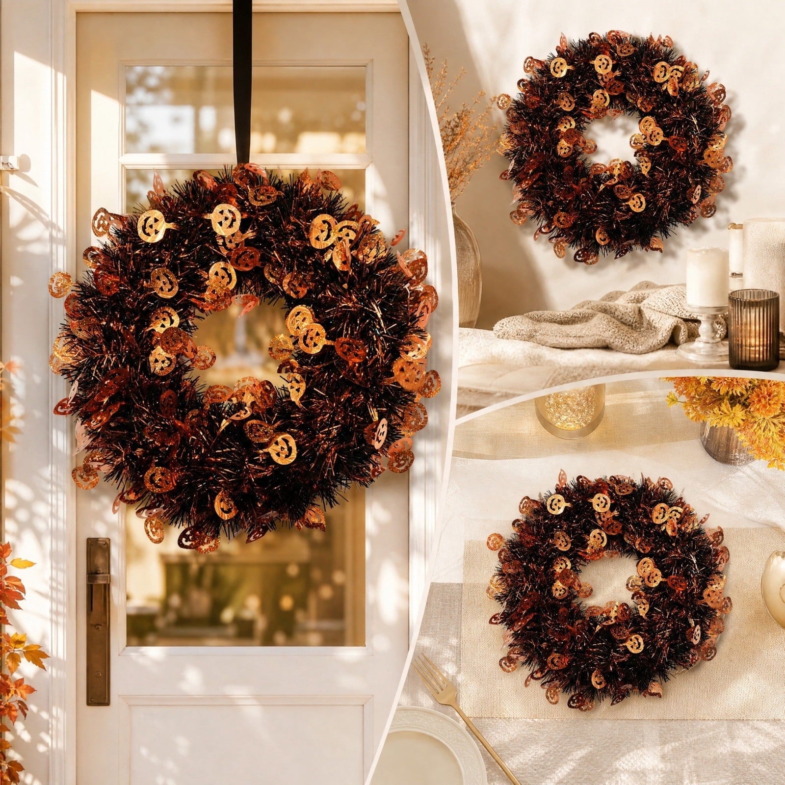 sruoe Halloween Glitter Foil Pumpkin Tinsel Wreath, Halloween Decorations Indoor, Sparkling Front Door Decor for Porch, Party Background, Wall Arrangement