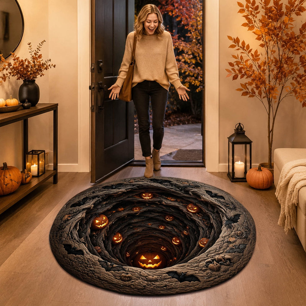3D Illusion Halloween Round Rug, Non Printed Optical Vortex Doormat, Spooky Circular Floor Mat for Indoor Entryway Home Party Decor 60x60cm