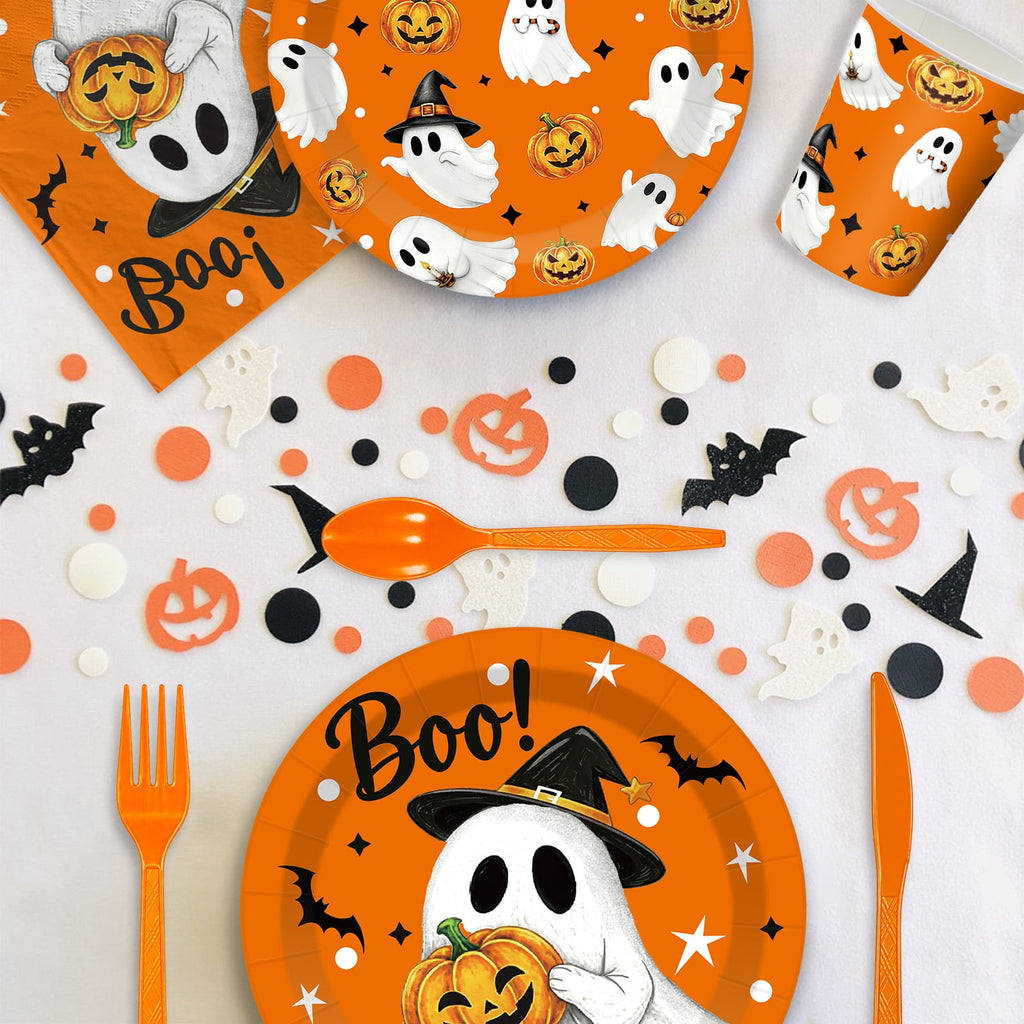 Wowhub Boo Ghost Pumpkin Halloween Tableware Set Serves 24, Halloween Plates and Napkins, Disposable Summerween Party Supplies with Cups, Cutlery & Tablecloth for Halloween Birthday Decorations