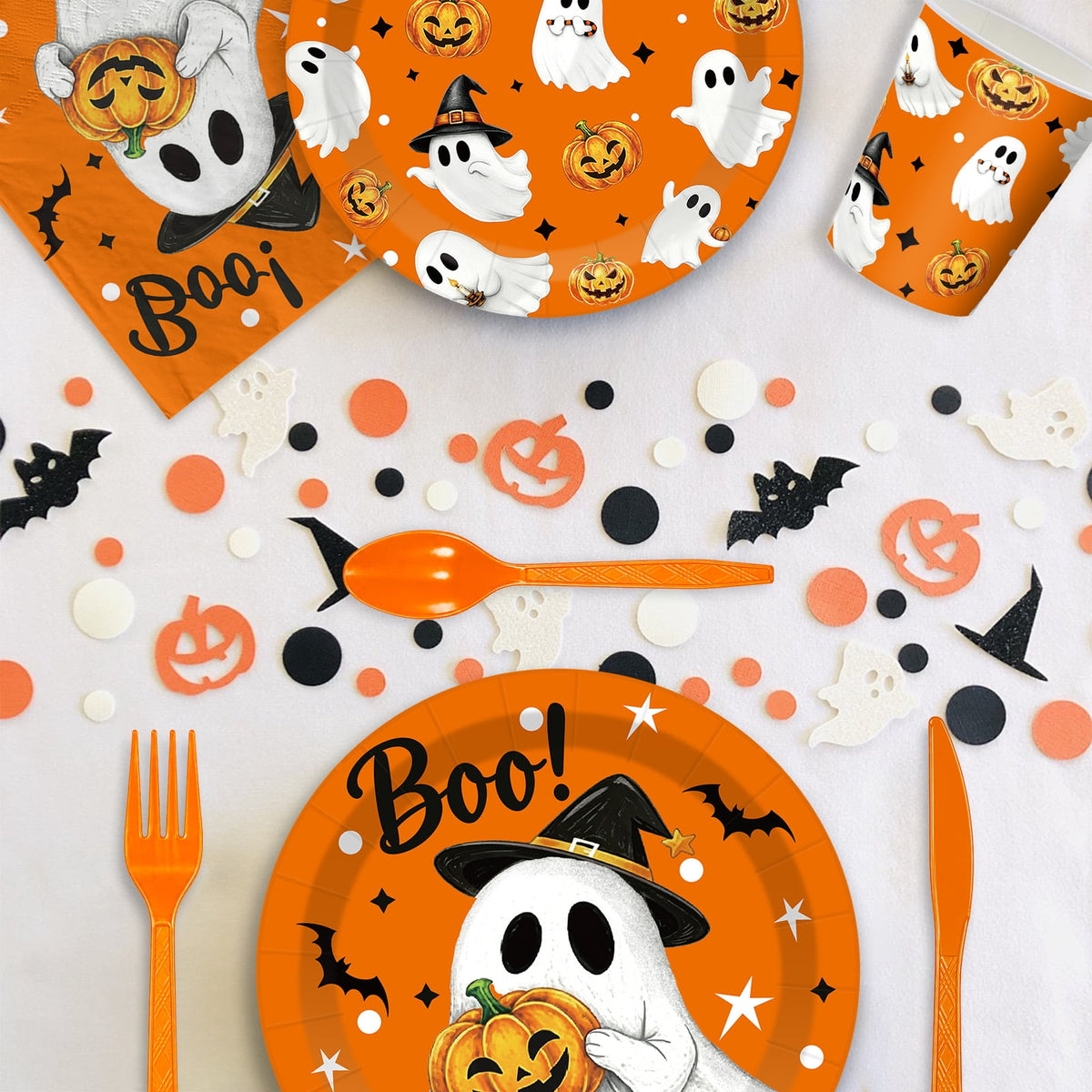 Wowhub Boo Ghost Pumpkin Halloween Tableware Set Serves 24, Halloween Plates and Napkins, Disposable Summerween Party Supplies with Cups, Cutlery & Tablecloth for Halloween Birthday Decorations