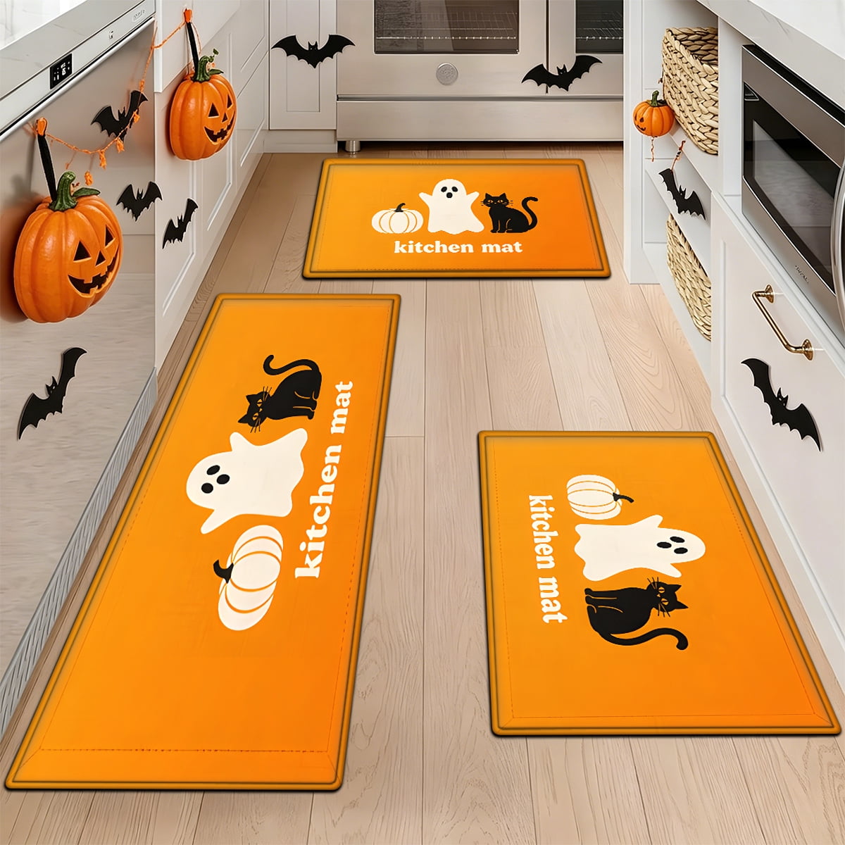 YIMEIS Halloween White Pumpkin Multi-purpose 3-Piece Flannel Mat and Kitchen Rugs,Soft Non-slip for Home Bedroom Bathroom