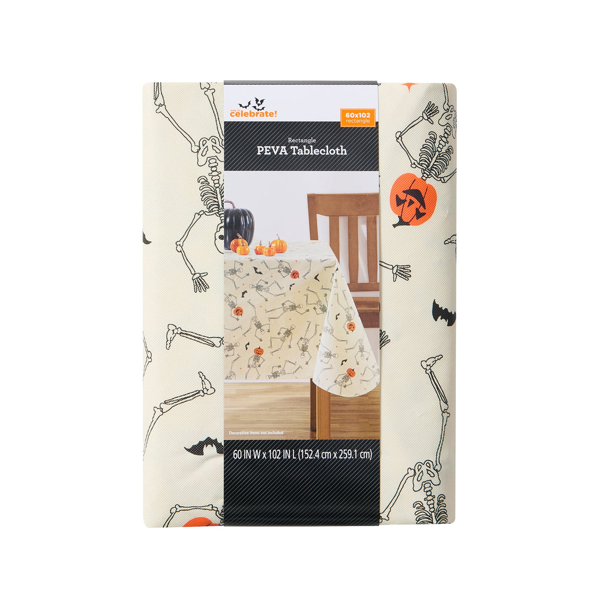 Way To Celebrate Halloween PEVA Tablecloth, For Table 60" x 102" - Skeleton Pumpkin Head Toss