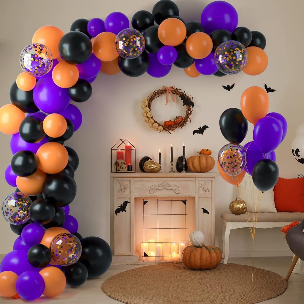 Pack of 35 Black Orange Purple Balloons – 9 Inch Latex & Confetti Balloon Set, Metallic Balloons for Birthday, Halloween, Haunted Theme, Party Decorations